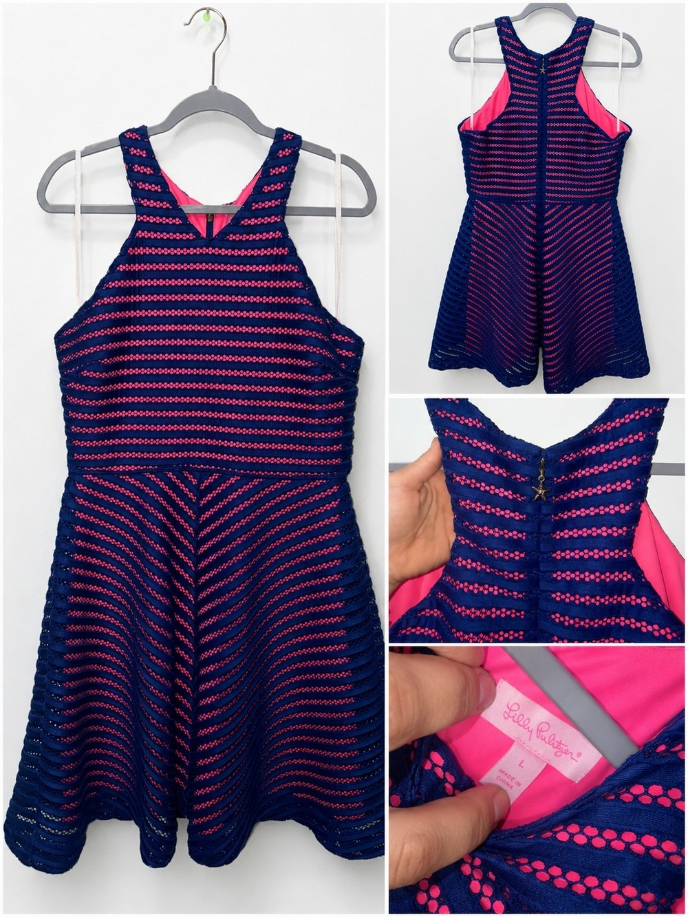 Lilly Pulitzer Navy & Hot Pink Sleeveless Lace Overlay Dress